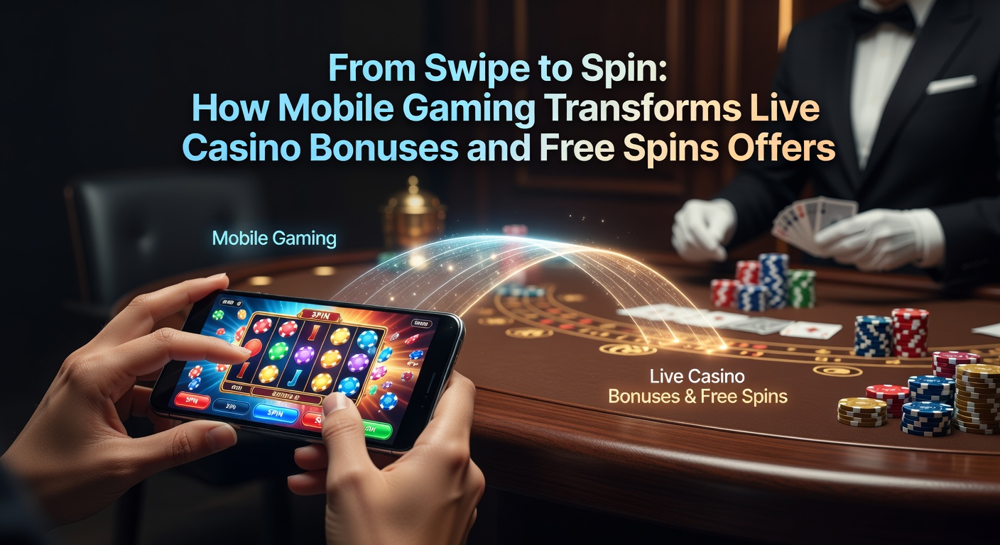 Smartphone mit Live-Casino-App, die Boni und Free Spins anzeigt, während ein Dealer Karrieren mischt